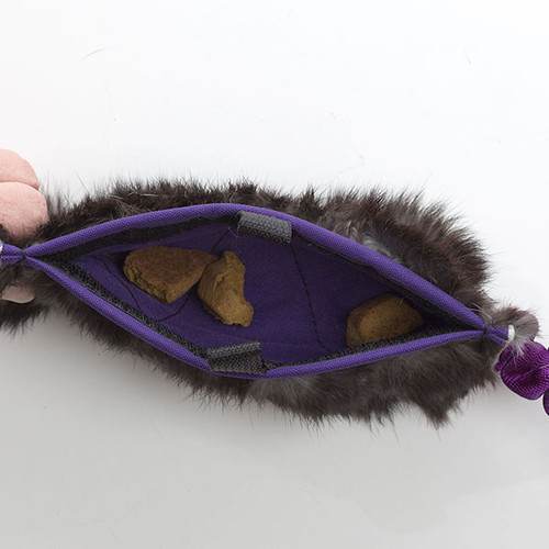 All-natural rabbit fur treat pouch - has waterproof liner and reinforced stitching. 