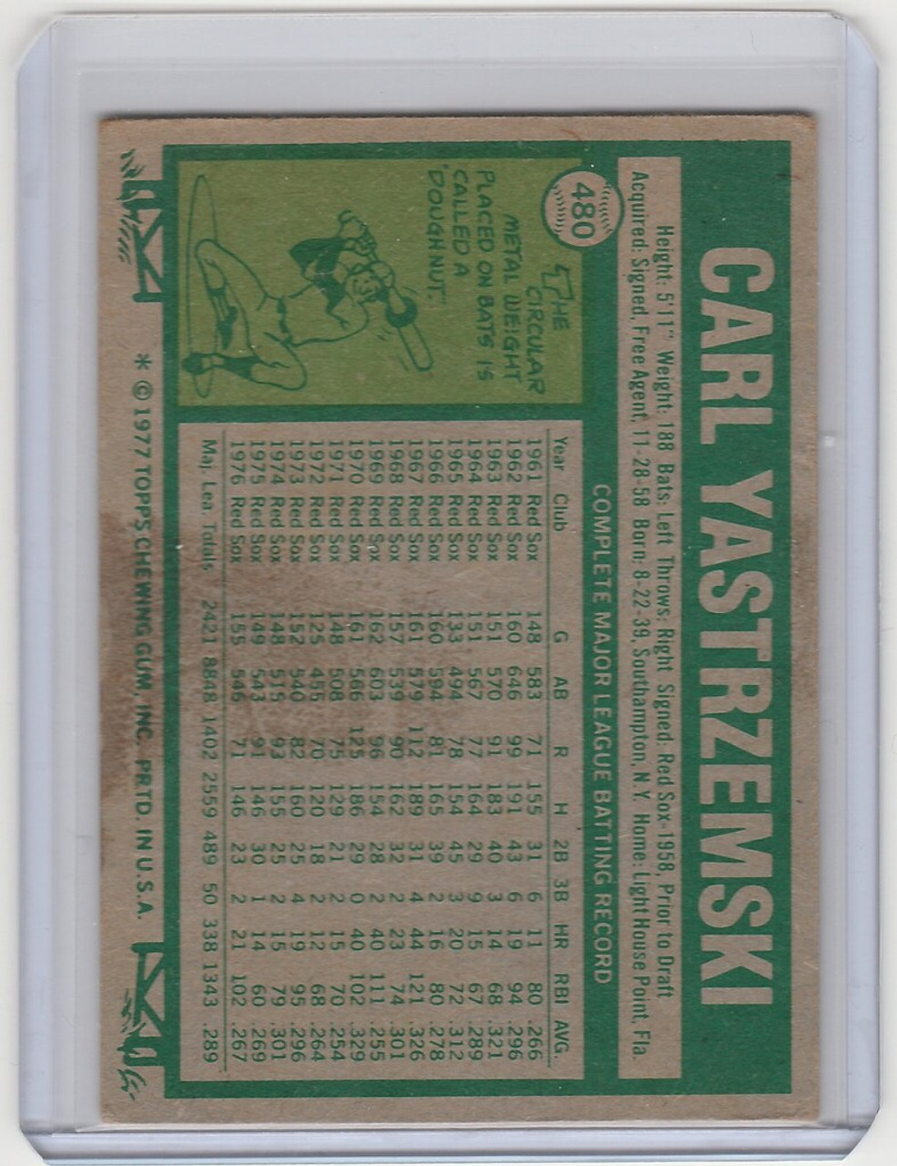 1977 Topps Baseball Card #480 Carl Yastrzemski  Red Sox