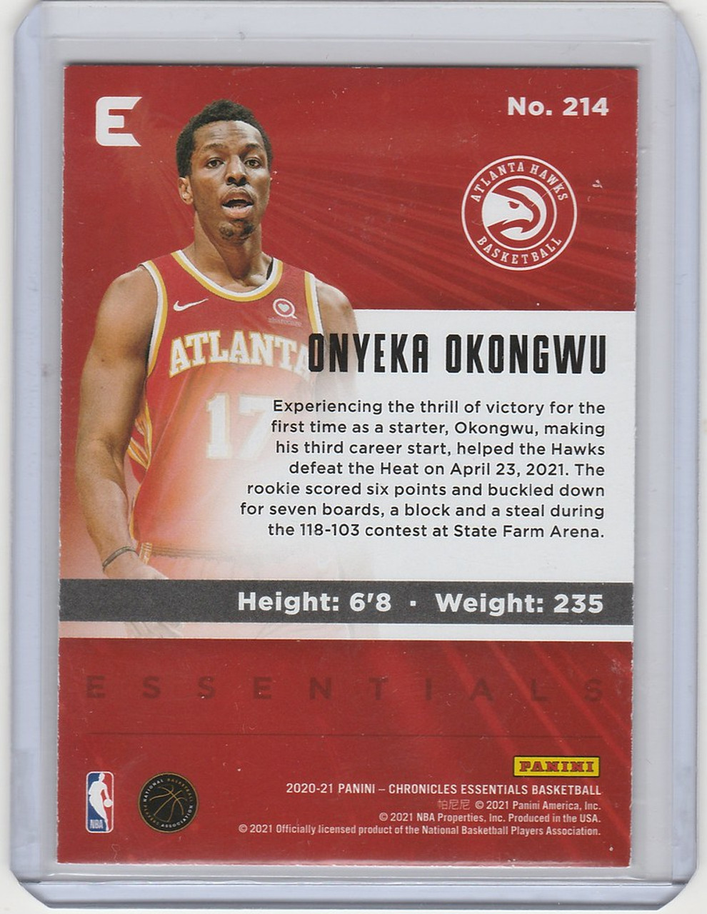 2020-21 Panini Chronicles Essentials #214 Onyeka Okongwu Atlanta Hawks -  Sportsamerica Sports Cards