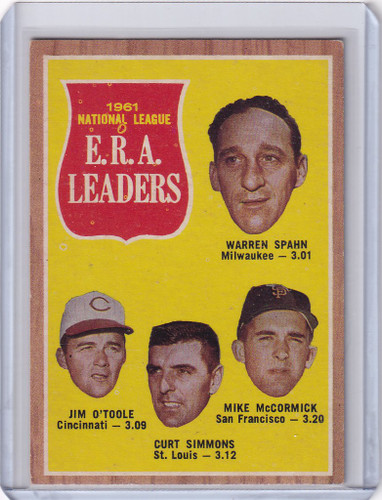 1962 Topps #56 1961 NL ERA Leaders Spahn/Otoole/Simmons/McCormick