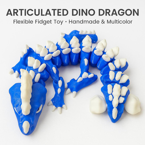 3D Printed Dino Dragon Articulated Dragon Figurine Blue/White