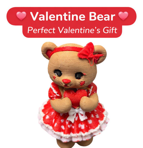 Valentine Bear  Cute 3D Printed Teddy Bear with Heart Dress Valentine’s Day Gift