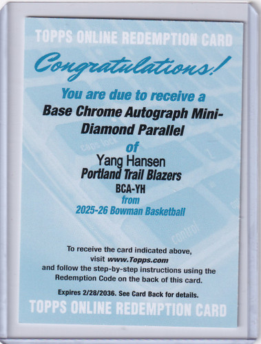 2025-26 Bowman Basketball Auto Mini-Diamond Yang Hansen - Portlant Trail Blazers