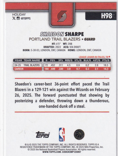 2025 TOPPS HOLIDAY #H98 SHAEDON SHARPE GLITTER- PORTLAND TRAIIL BLAZZERS