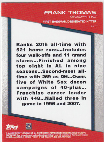 2022 TOPPS OPENING DAY #BS-17 FRANK THOMAS BOMB SQUAD- CHICAGO WHITE SOX