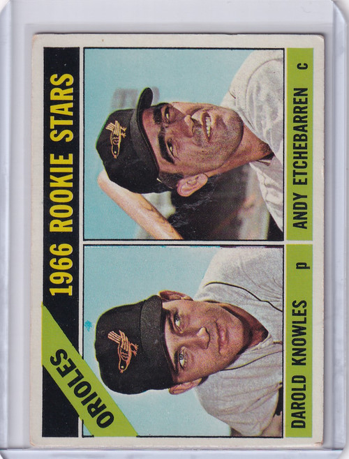 1966 Topps Baseball #27 Orioles Rookies - Darold Knowles / Andy Etchebarren RC