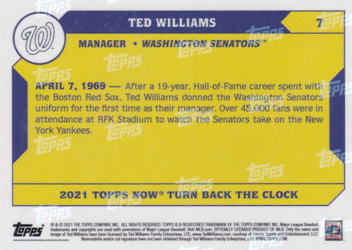 2021 TURN BACK THE CLOCK #7 TED WILLIAMS- WASHINGTON SENATORS