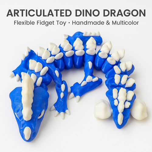 3D Printed Dino Dragon Articulated Dragon Figurine Blue/White