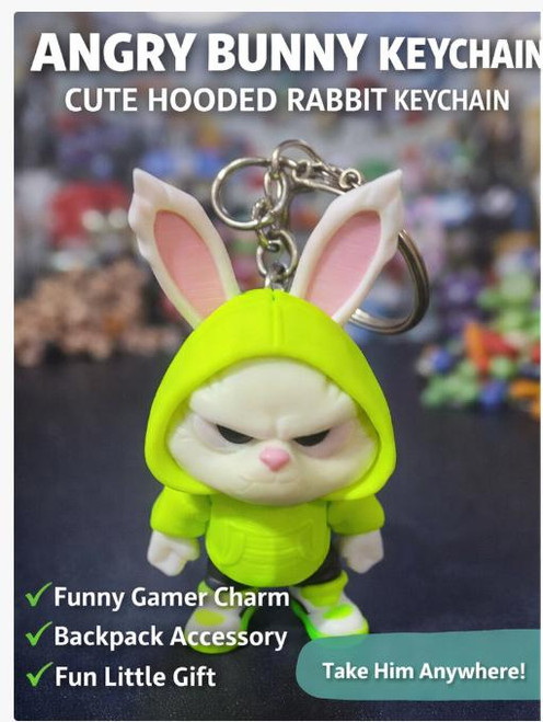Angry Bunny Figurine 3D Printed – Cute Hooded Rabbit Figure - Keychain