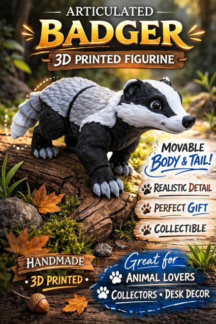 Articulated Badger Figure 3D Printed Animal Toy Movable Woodland Gift
