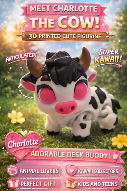 Charlotte Cow Figurine Articulated 3D Printed Cute Kawaii Animal Toy Gift