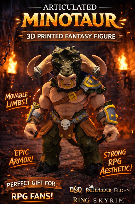 Minotaur Articulated Figure 3D Printed Bull Warrior Fantasy Monster Toy