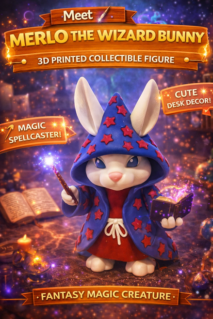 Wizard Bunny Figurine 3D Printed Cute Magic Rabbit Kawaii Toy Desk Decor Gift