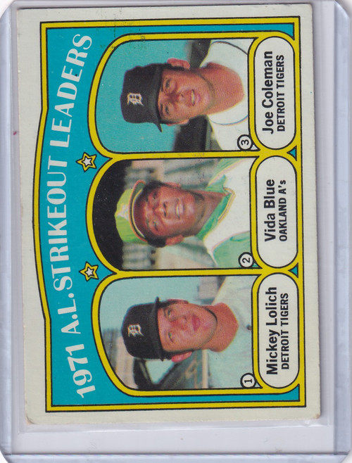 1972 Topps Baseball #96 1971 A.L. Strikeout Leaders Lolich / Blue / Coleman