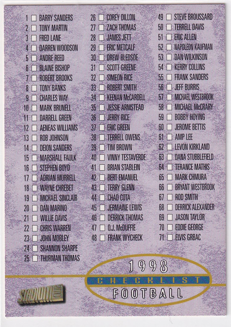 1998 TOPPS STADIUM CLUB #H1 FOOTBALL CHECKLIST 1-146