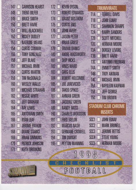 1998 TOPPS STADIUM CLUB #H2 FOOTBALL CHECKLIST 147-DT10