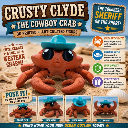 Cowboy Crab 3D Printed Articulated Beach Desk Pet Cute Western Crab Toy Gift