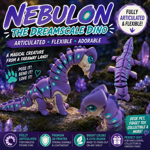 Articulated Purple Dino Dragon 3D Printed Flexible Fantasy Dinosaur Desk Toy
