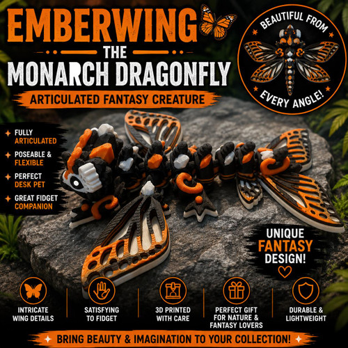 Articulated Monarch Dragonfly 3D Printed Flexi Fantasy Insect Desk Pet