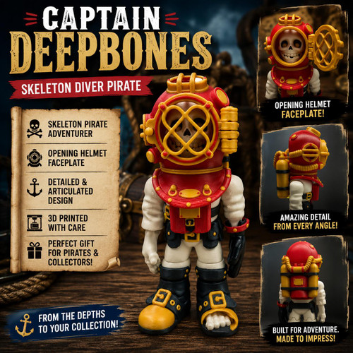 Captain Deepbones Skeleton Diver Pirate Figure 3D Printed Nautical Collectible
