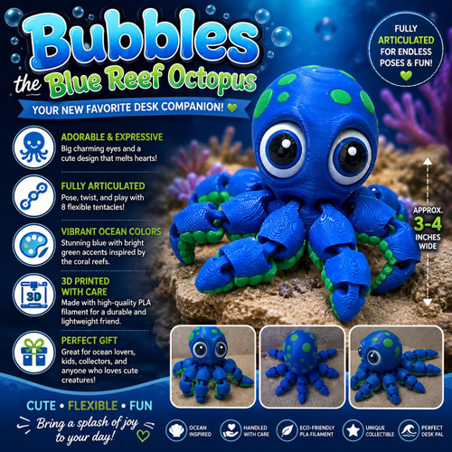 Bubbles Blue Reef Octopus Articulated 3D Printed Cute Ocean Desk Pet Collectible
