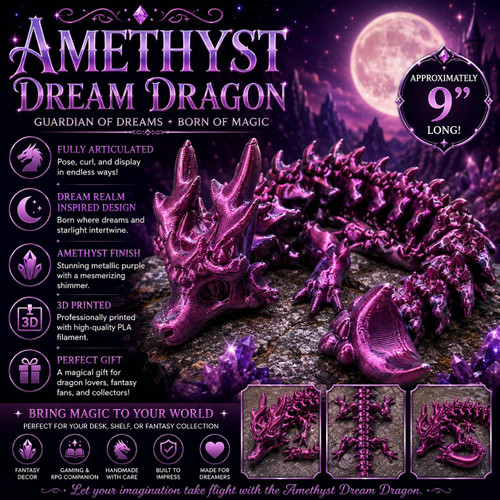 Amethyst Dream Dragon Articulated Fantasy Purple Metallic 3D Printed Collectible