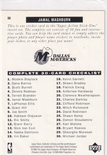 1996 UPPER DECK #S6 JAMAL MASHBURN STICKER- DALLAS MAVERICKS