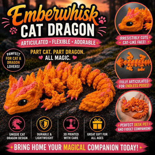 Emberwhisk Articulated Cat Dragon 3D Printed Flexi Fantasy Desk Pet Toy