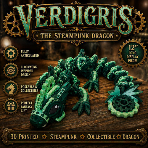 Verdigris Steampunk Dragon Articulated 3D Printed Clockwork Mechanical Flexi