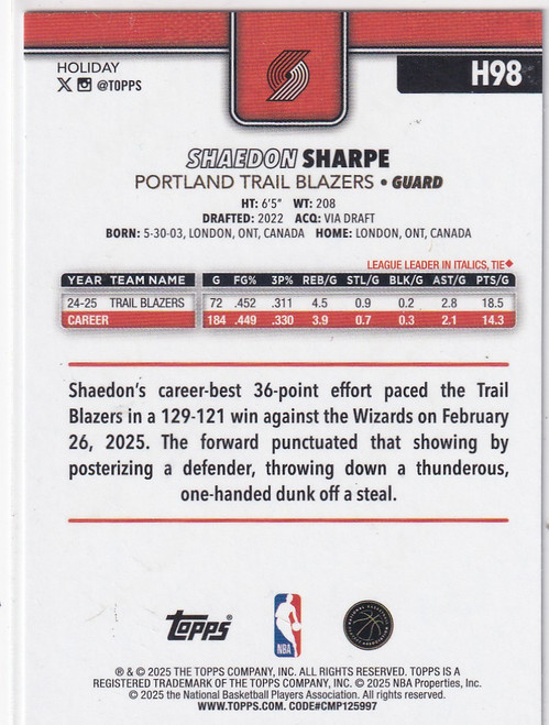 2025 TOPPS HOLIDAY #H98 SHAEDON SHARPE GLITTER- PORTLAND TRAIIL BLAZZERS