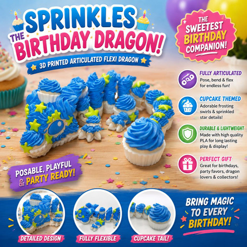 Birthday Dragon 3D Printed Articulated Flexi Cupcake Dragon Cute Fidget Toy Gift