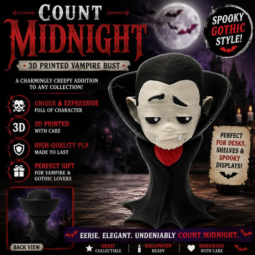 Count Midnight 3D Printed Vampire Bust Gothic Halloween Horror Decor Figure