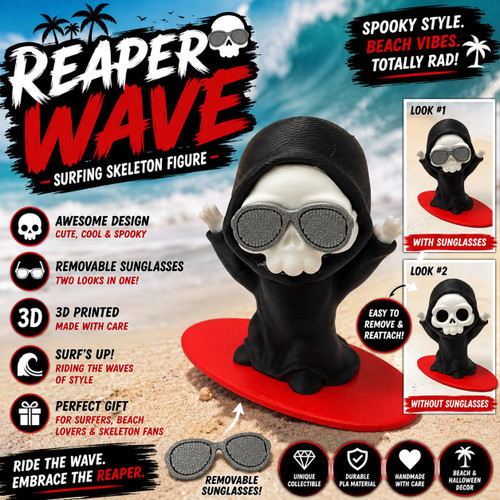 Reaper Wave 3D Printed Grim Reaper Surfer Skeleton Figure Sunglasses