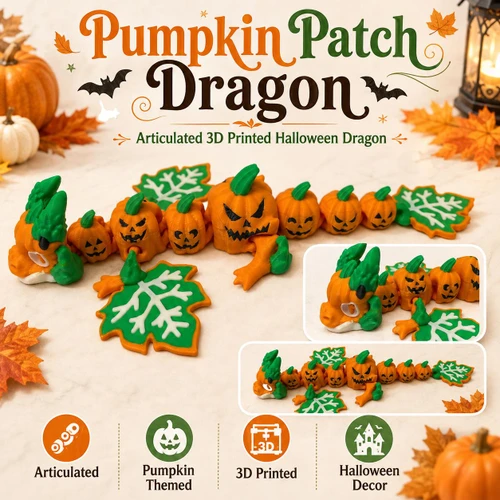 Articulated Pumpkin Patch Dragon 3D Printed Halloween Jack O Lantern Flexi Figure
