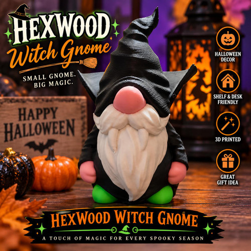 3D Printed Witch Gnome Halloween Decor Black Hat Figurine Shelf Desk Display