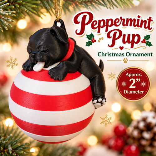 Peppermint Pup 3D Printed Christmas Ornament Black Dog Holiday Decor 2"