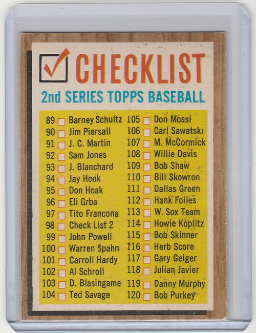 1962 Topps #98 Checklist 2nd Series EX