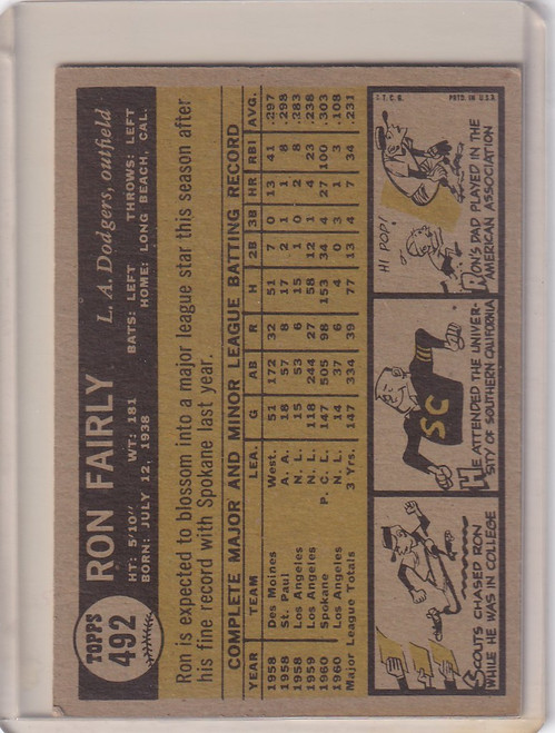 1961 Topps Baseball #492 Ron Fairly Los Angeles Dodgers