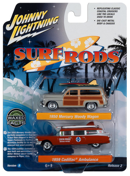 Johnny Lightning 1:64 1950 Mercury Woody Wagon and 1959 Cadillac 2 Car Set SR B