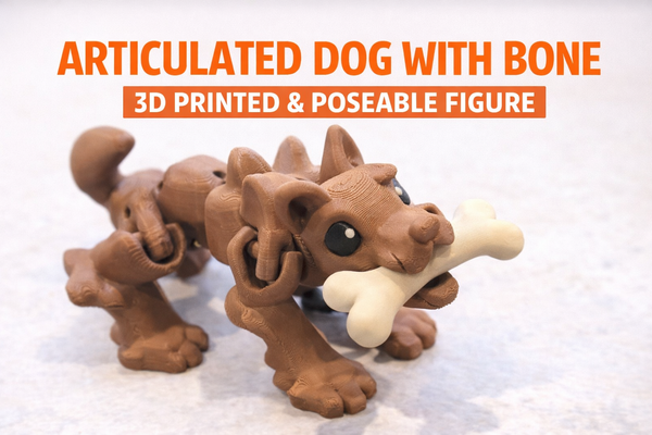 Articulated Dog with Bone – 3D Printed Poseable Dog Figure Cute Puppy Desk Decor