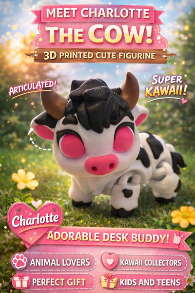 Charlotte Cow Figurine Articulated 3D Printed Cute Kawaii Animal Toy Gift