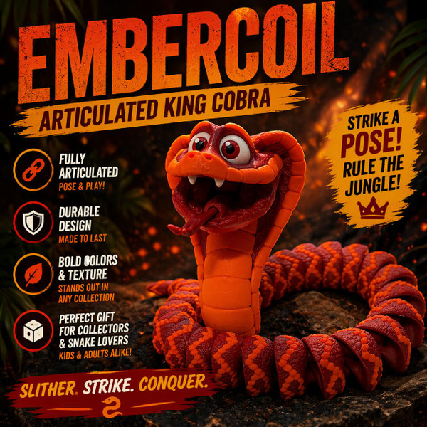 Embercoil Articulated King Cobra Flexi Snake Toy Orange Red Reptile Figure