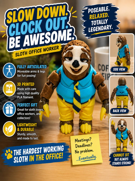 Funny Sloth Office Worker 3D Printed Articulated Poseable Figure Desk Buddy 2.5"