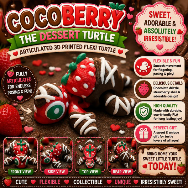 Chocolate Covered Strawberry Turtle 3D Printed Articulated Flexi Dessert Turtle Toy Gift