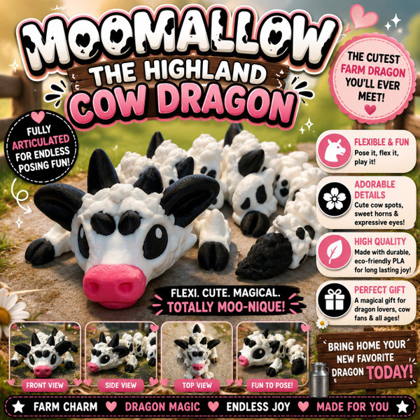 Cow Dragon 3D Printed Articulated Flexi Highland Cow Fantasy Dragon Desk Pet