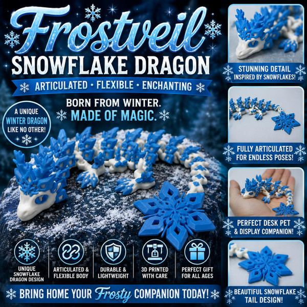 Frostveil Snowflake Dragon Articulated Winter Dragon 3D Printed Desk Pet