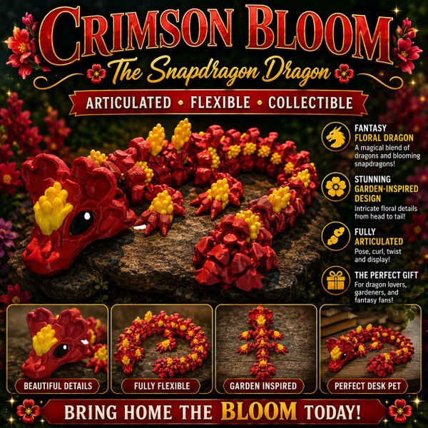 Crimson Bloom Snapdragon Dragon Articulated Floral Dragon 3D Printed Desk Pet