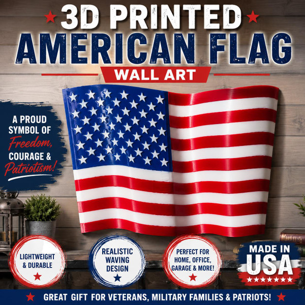 3D Printed Waving American Flag Art Patriotic Veteran Military Decor
