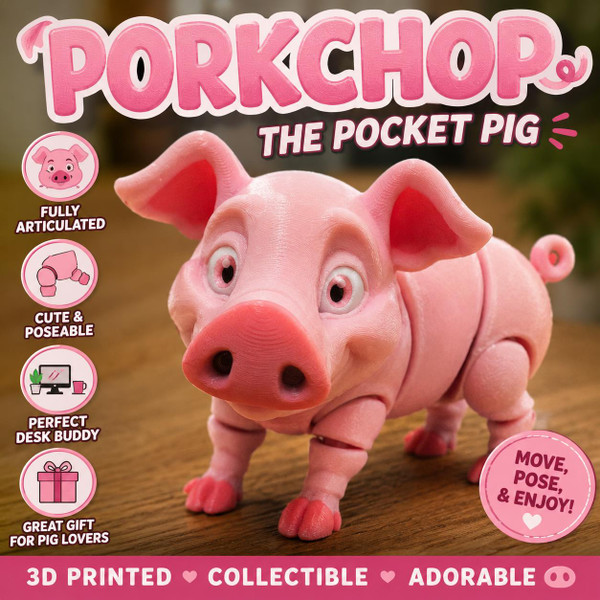 Porkchop the Pocket Pig Articulated 3D Printed Flexi Pig Cute Farm Animal Desk