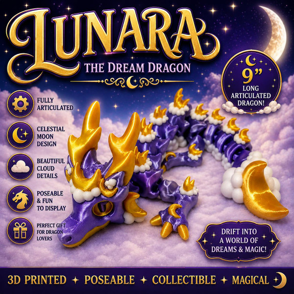 Lunara Dream Dragon Articulated Moon Dragon 3D Printed Celestial Fantasy